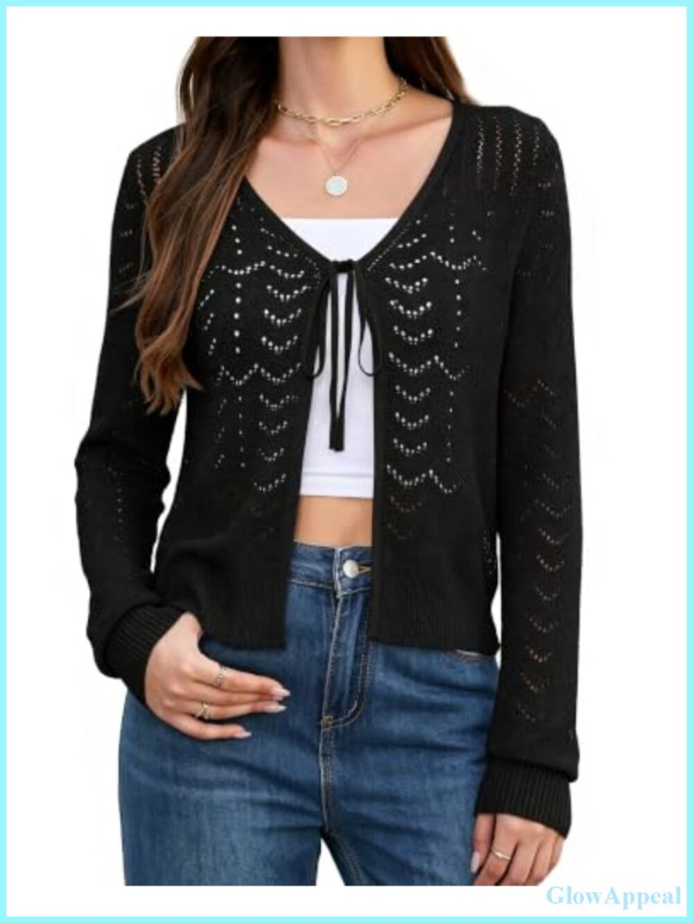 Women's Crochet Tie Front Cardigan Cropped Long Sleeve Shrug Sweater